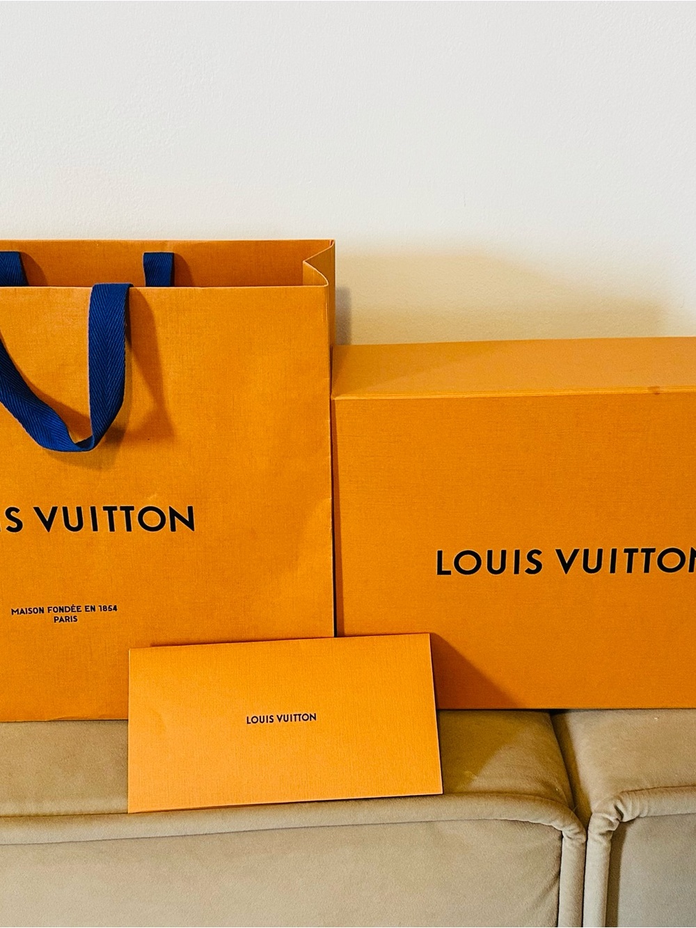 Authentic Louis Vuitton box, shopping bag and envelope for receipt